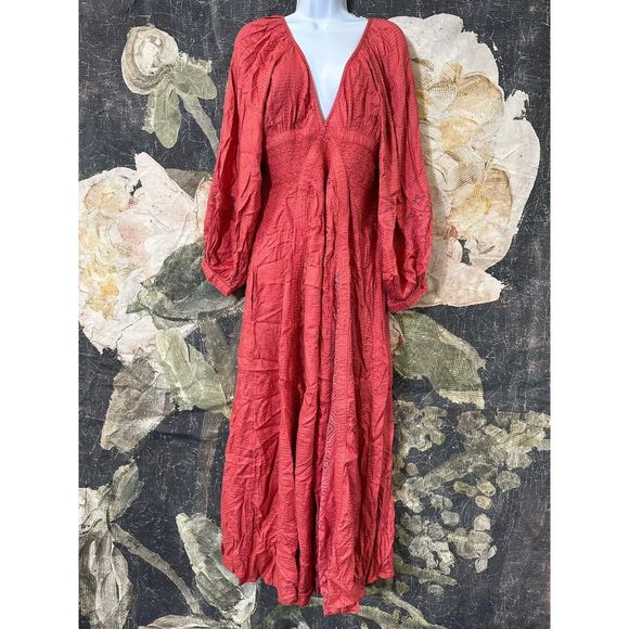 NWT Free People Pink Red Chimes Southwest Lace Maxi Dress Sz Small - Picture 5 of 9